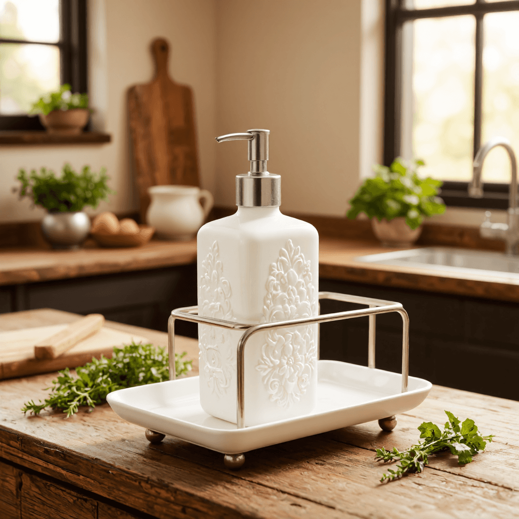 product photography of a soap dispenser with a sponge holder