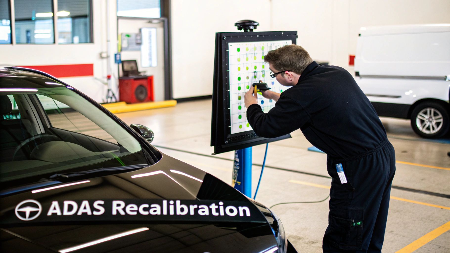 A technician performs ADAS recalibration on a black car in an automotive workshop setting.