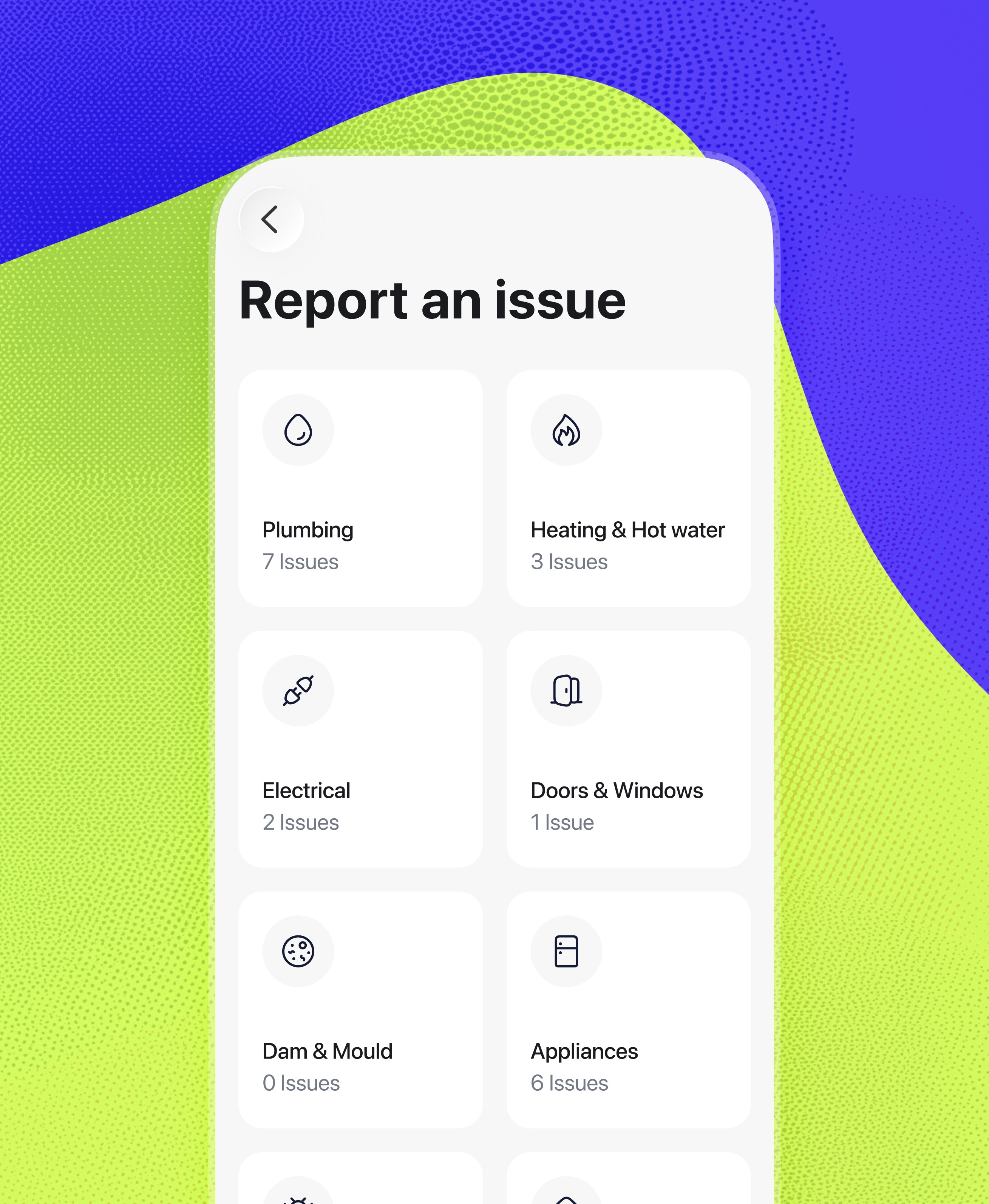 August app showing Report an issue screen with category grid: Plumbing 7 issues, Heating & Hot water 3 issues, Electrical 3 issues, Doors & Windows 1 issue, Damp & Mould 0 issues, Appliances 0 issues