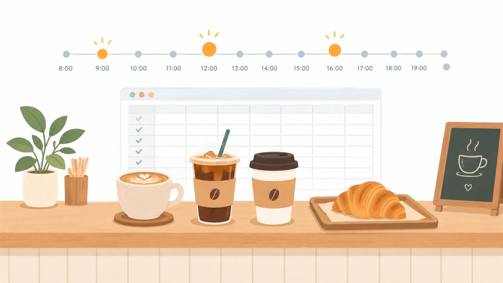 Una ilustración acogedora de una cafetería con tazas de café, un croissant y un horario de ventas.