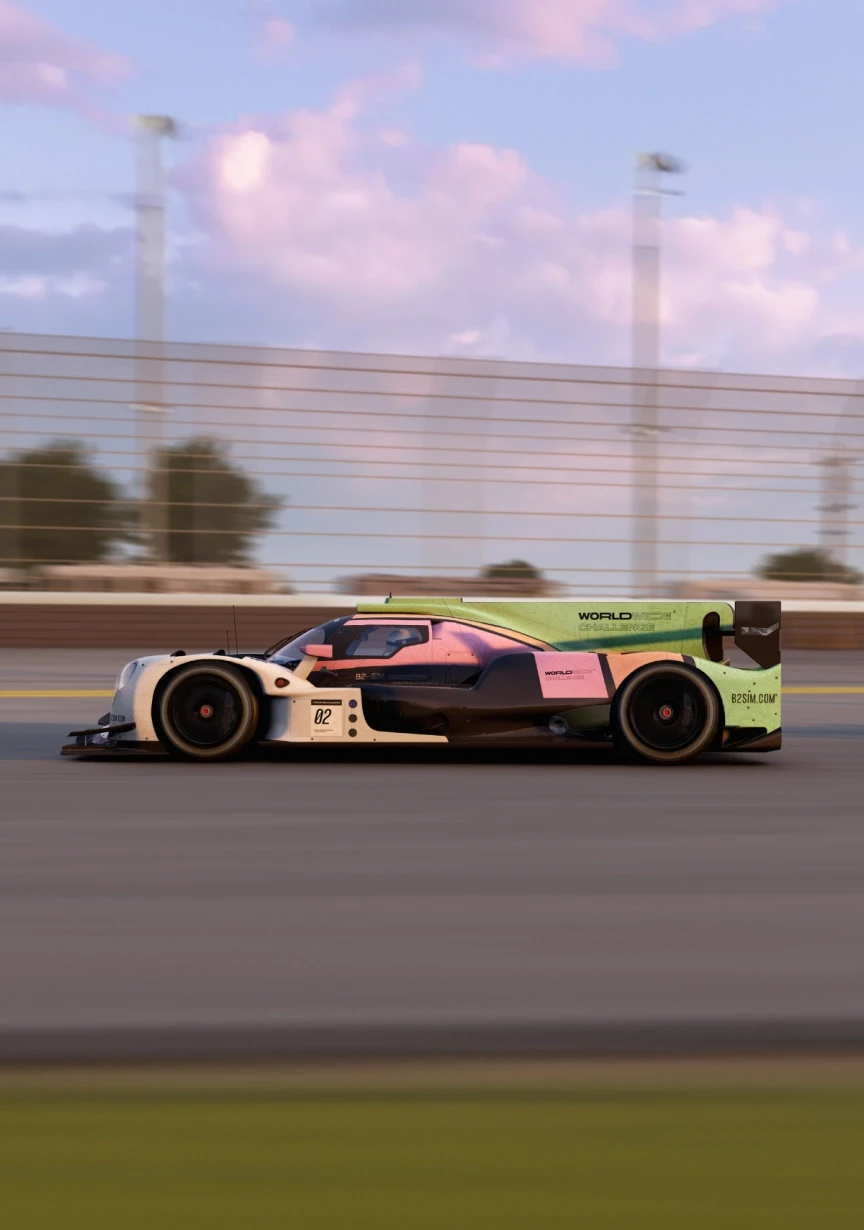 Side view of a futuristic race car with gradient paintwork speeding on a track during sunset.