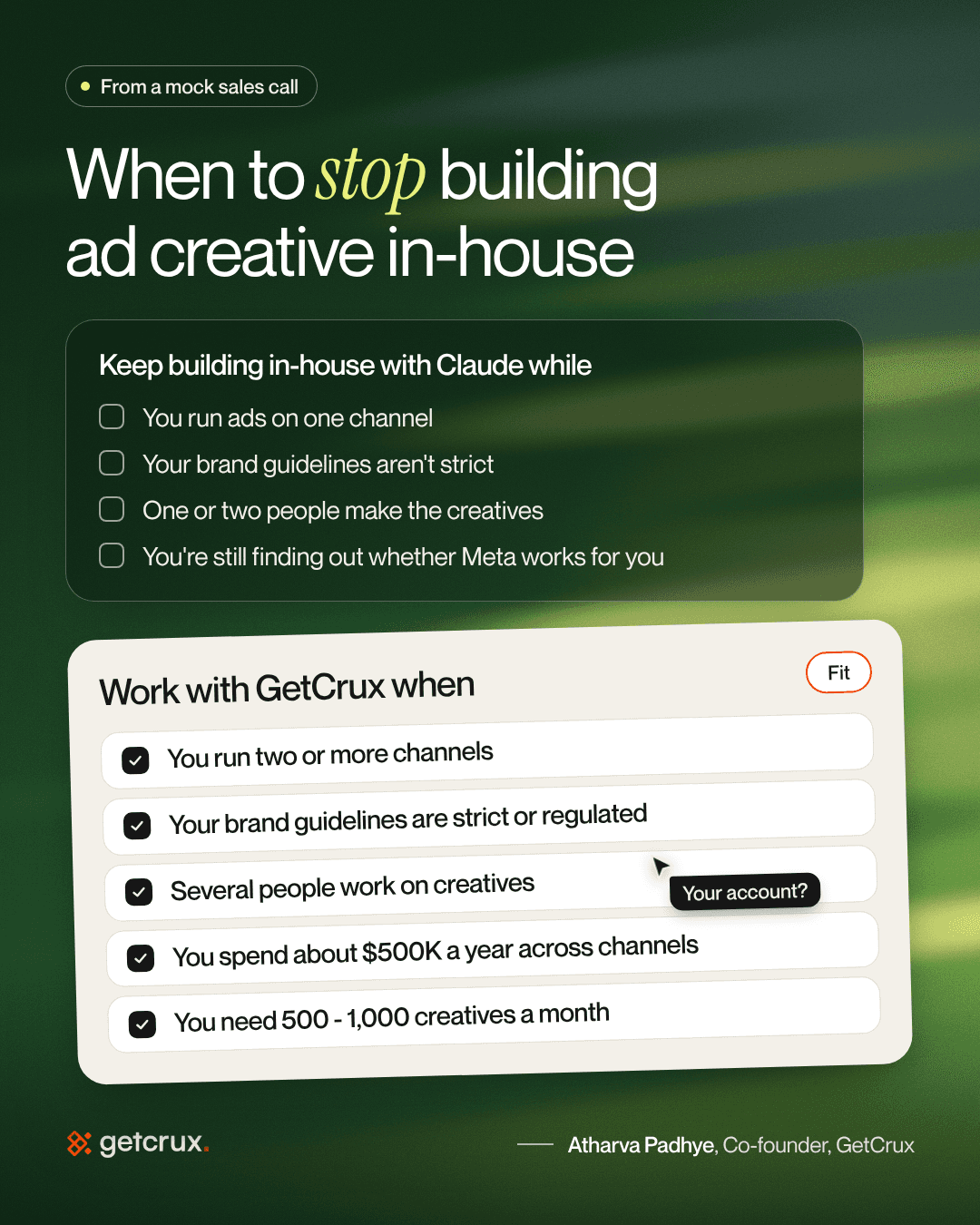 Two checklist cards. The first says to keep making ad creatives in-house with Claude while you're on one channel with a small team. The second says to move to GetCrux once you add a second channel, work under strict brand rules or put several people on creatives. Its thresholds are about $500K a year in ad spend and 500 to 1,000 creatives a month.