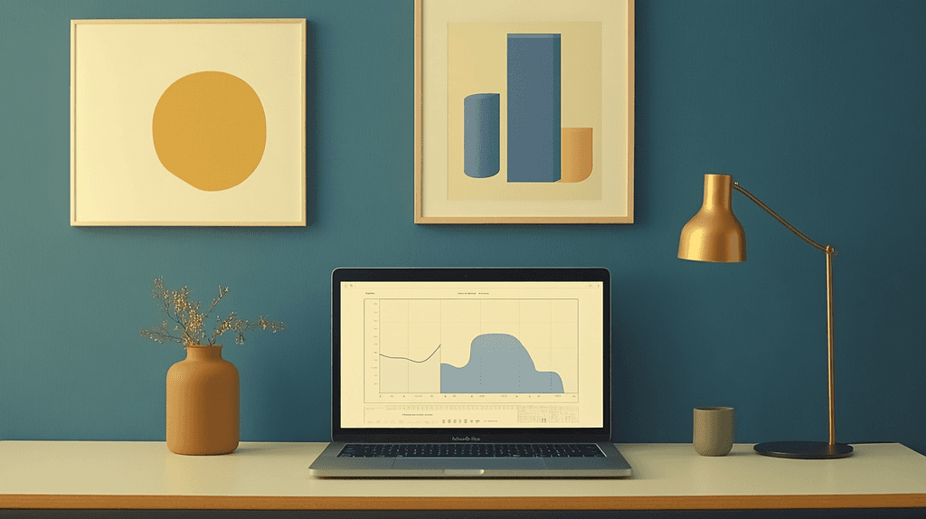 Modern workspace with an open laptop showing a graph on its screen.