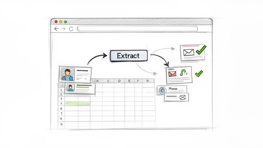 A browser interface illustrates data extraction from user profiles and a spreadsheet into email and phone records.