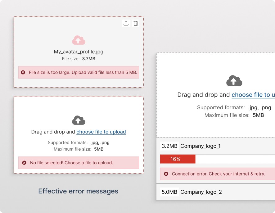 Image to show three examples of better error writing