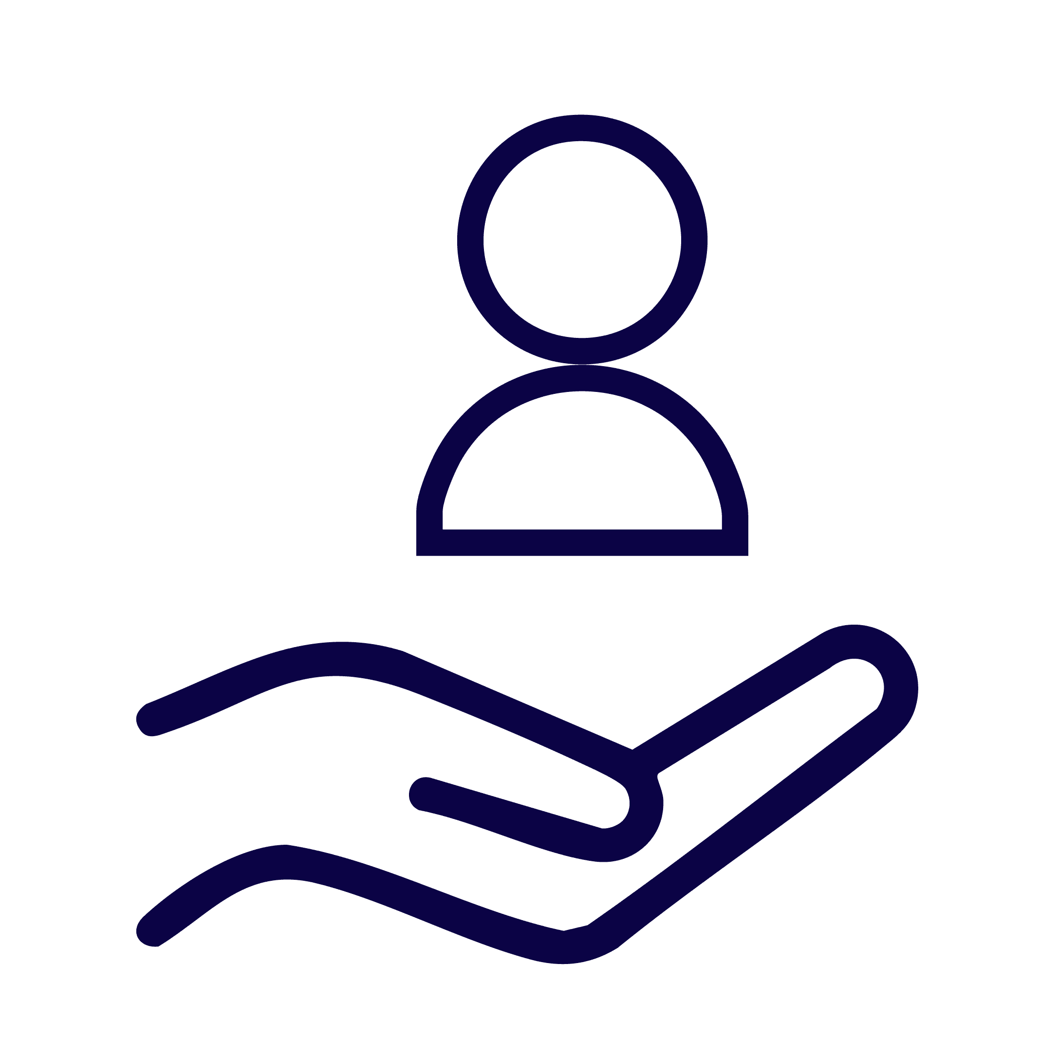 icon of a hand palm up with a floating person icon above in blue