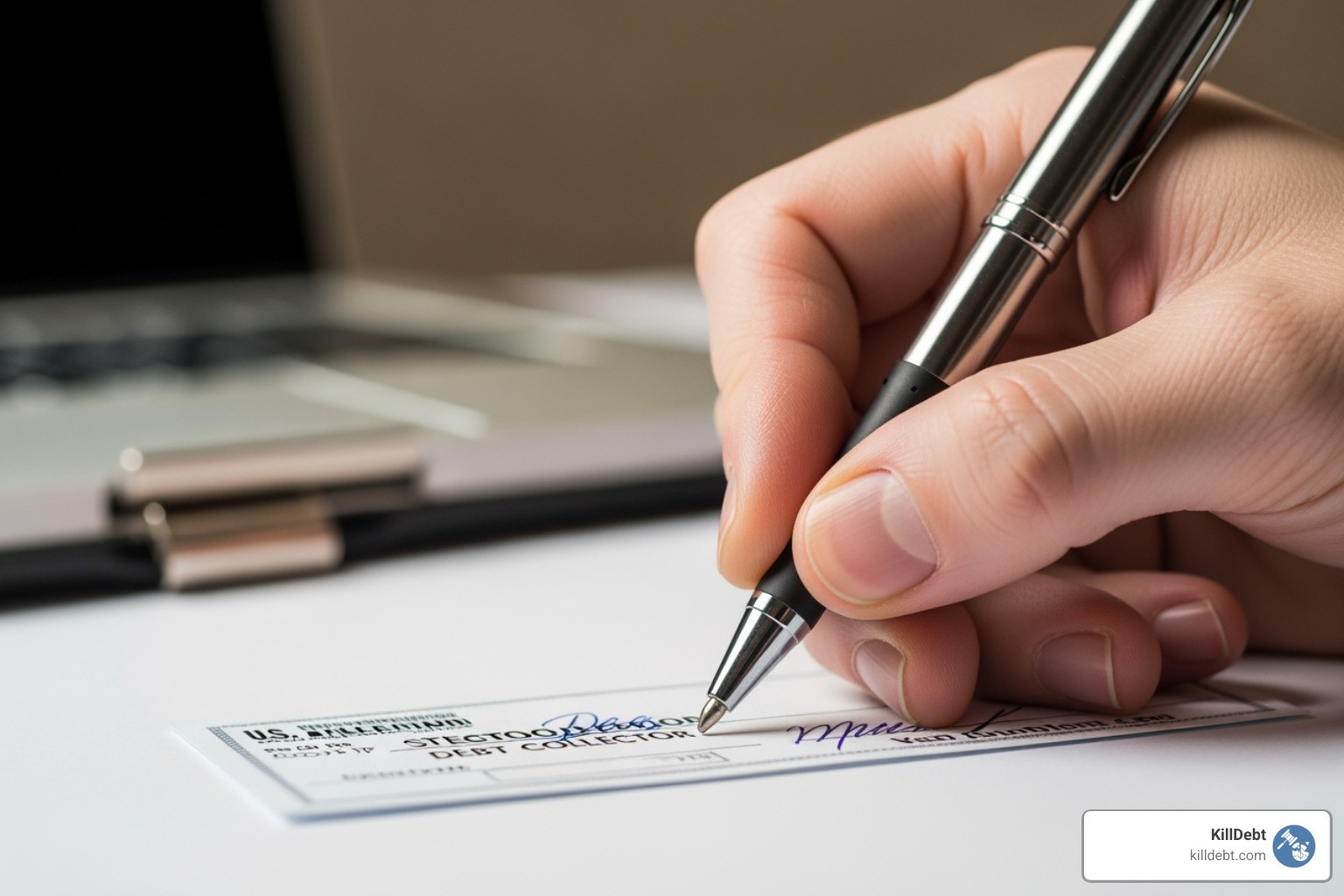 A hand signing a small check for a debt collector