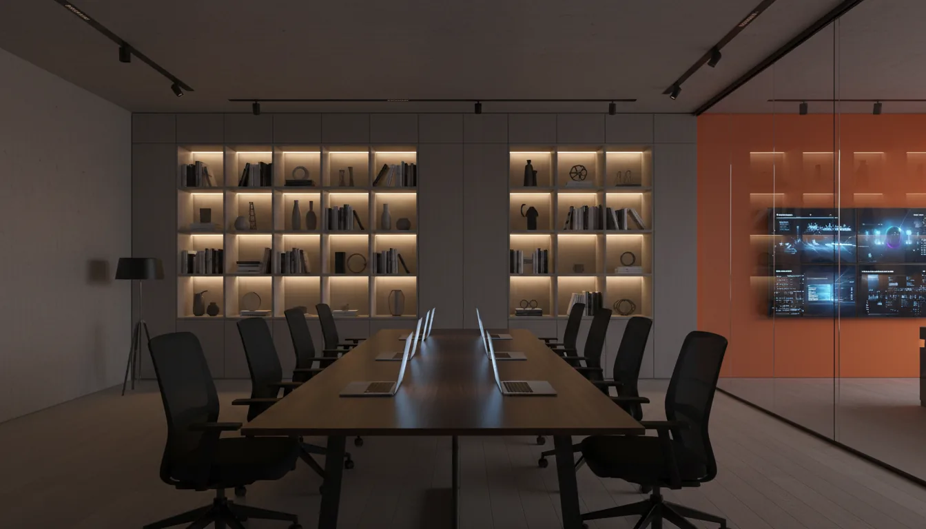 Photorealistic 3D architectural visualization of a modern, dimly lit creative office at night, Octane render style. An eye-level wide shot looking down a long, dark conference table with multiple open laptops displaying glowing screens, surrounded by black mesh office chairs. In the background, a wall of light gray built-in shelves is illuminated by warm, recessed LED strip lighting, displaying books and decorative objects. A glass partition reveals an adjacent room with a bright orange accent wall and a large multi-screen video display. The scene is characterized by cinematic contrast and soft global illumination from spotlights and accent lights, casting deep, soft shadows on the light wood floor and creating a moody, professional atmosphere. High detail, matte textures.