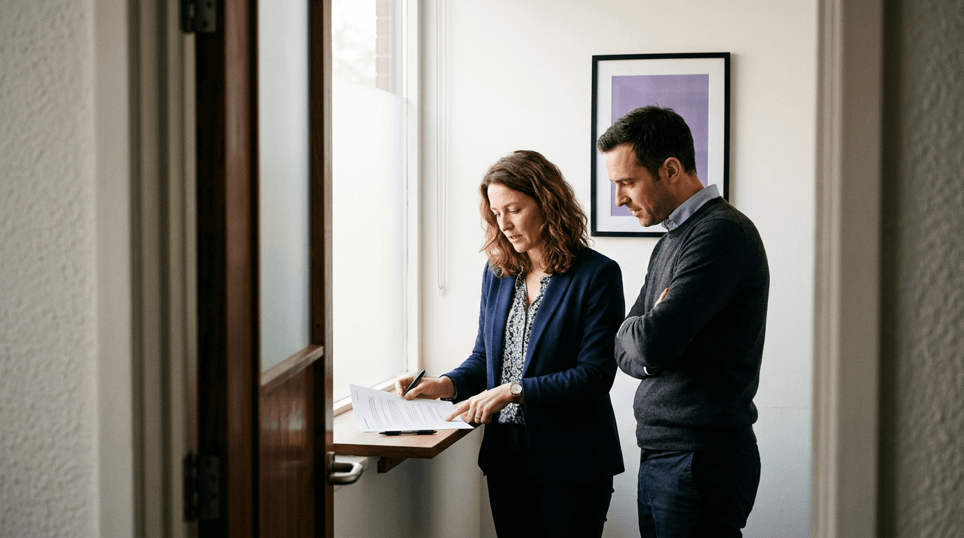  Two communications professionals reviewing a printed media briefing together in a quiet office room