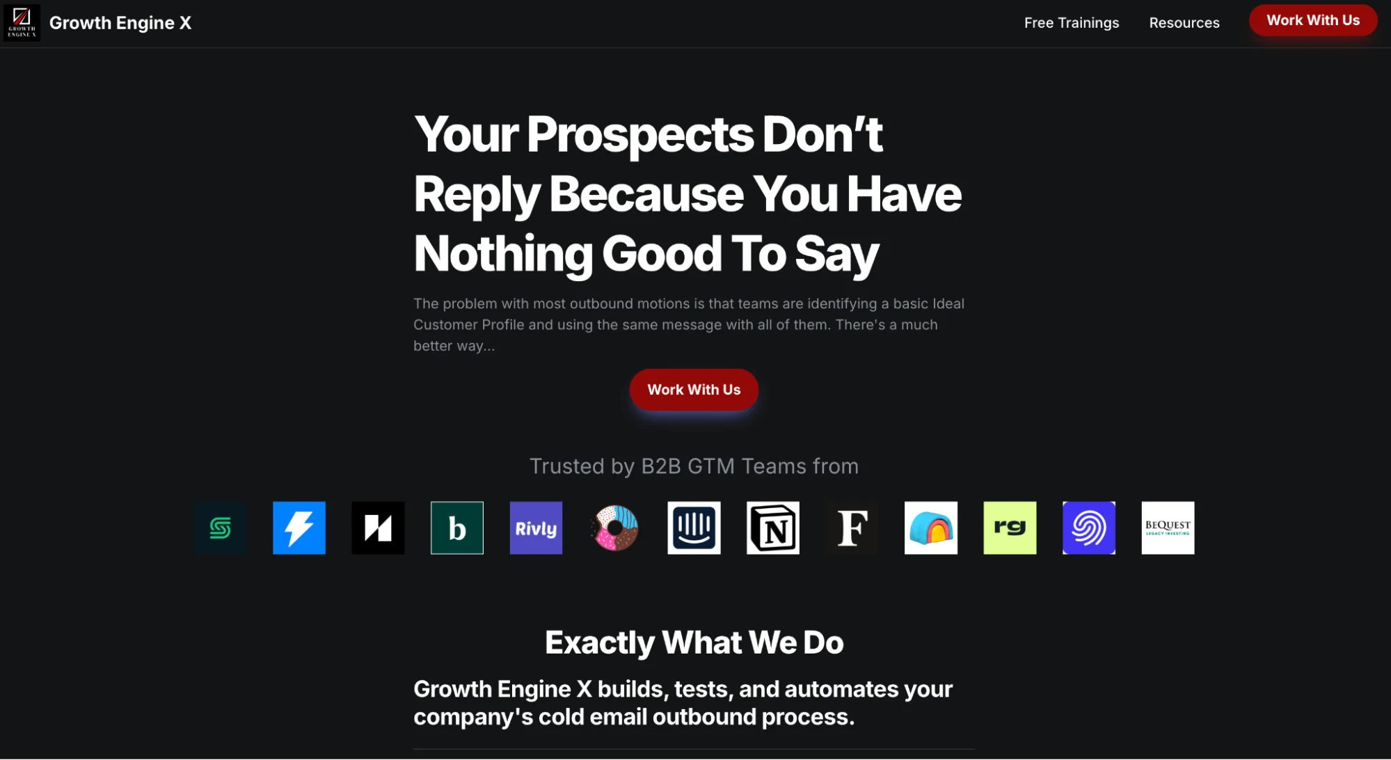 Growth Engine X homepage: cold email outbound agency