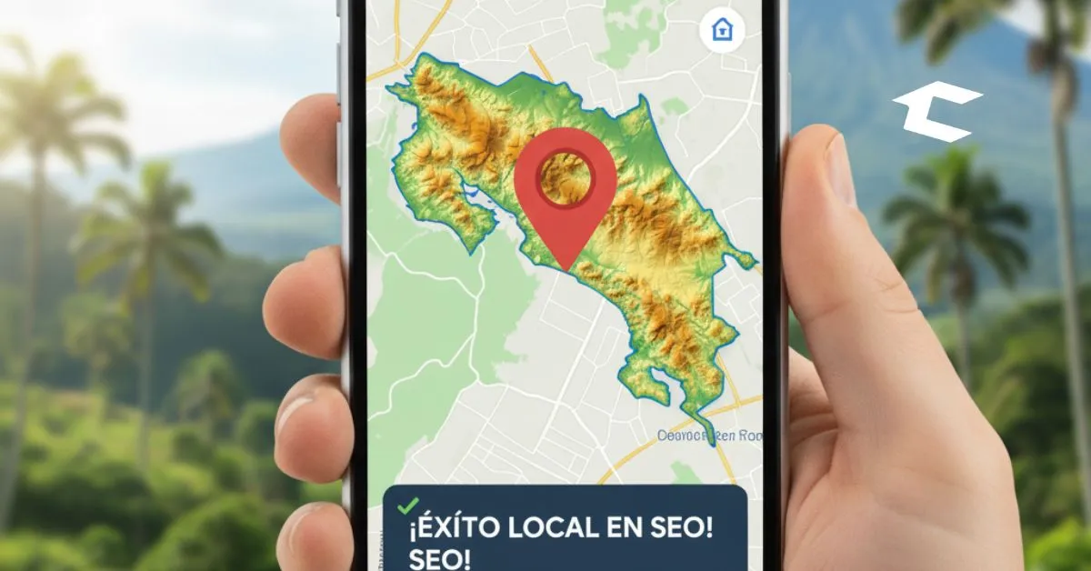 n mapa de Costa Rica en un smartphone, mostrando la ficha de una PYME en Google Maps, simbolizando el éxito del SEO local.