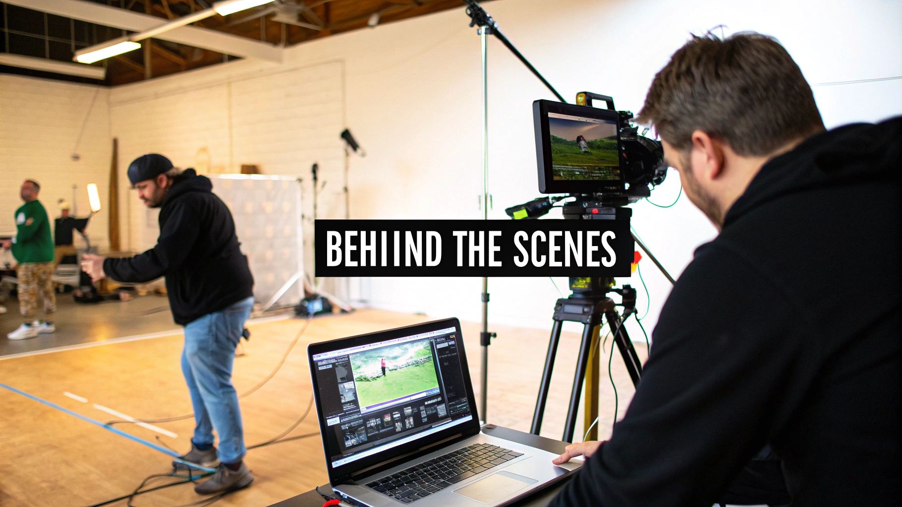 Crew members film on set, with a camera, monitor, and laptop displaying video content.
