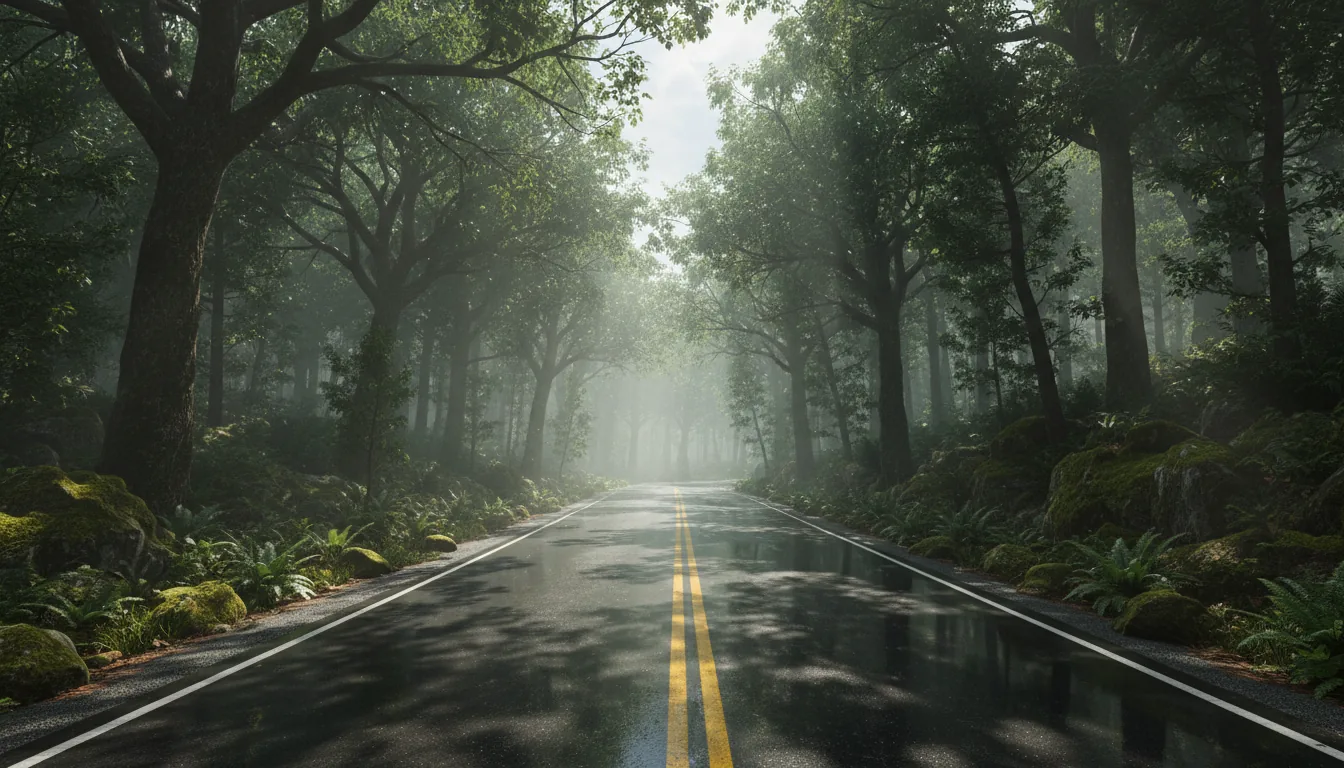 Photorealistic 3D render in the style of Unreal Engine, a wet asphalt road with double yellow lines winds through a dense, lush forest after a rain shower. Cinematic, volumetric god rays beam through the misty tree canopy, creating a hazy atmosphere and casting dappled shadows on the glistening pavement. The roadside is covered in hyper-detailed mossy rocks and damp foliage. Eye-level wide-angle shot, immense depth, breathtaking realism.