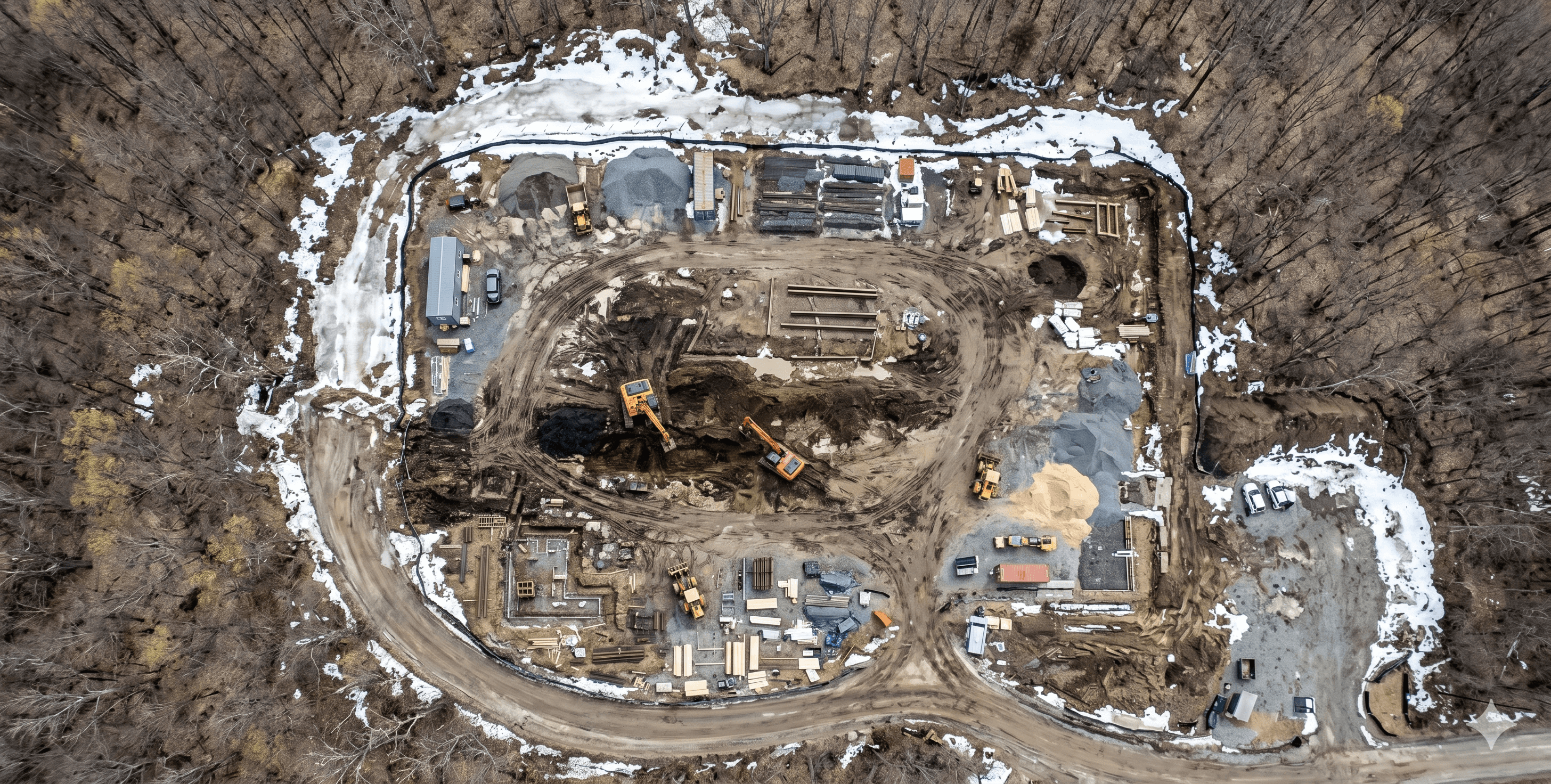 Aerial view of a commercial construction site in early spring with excavators, staged materials, and melting snow at the edges.