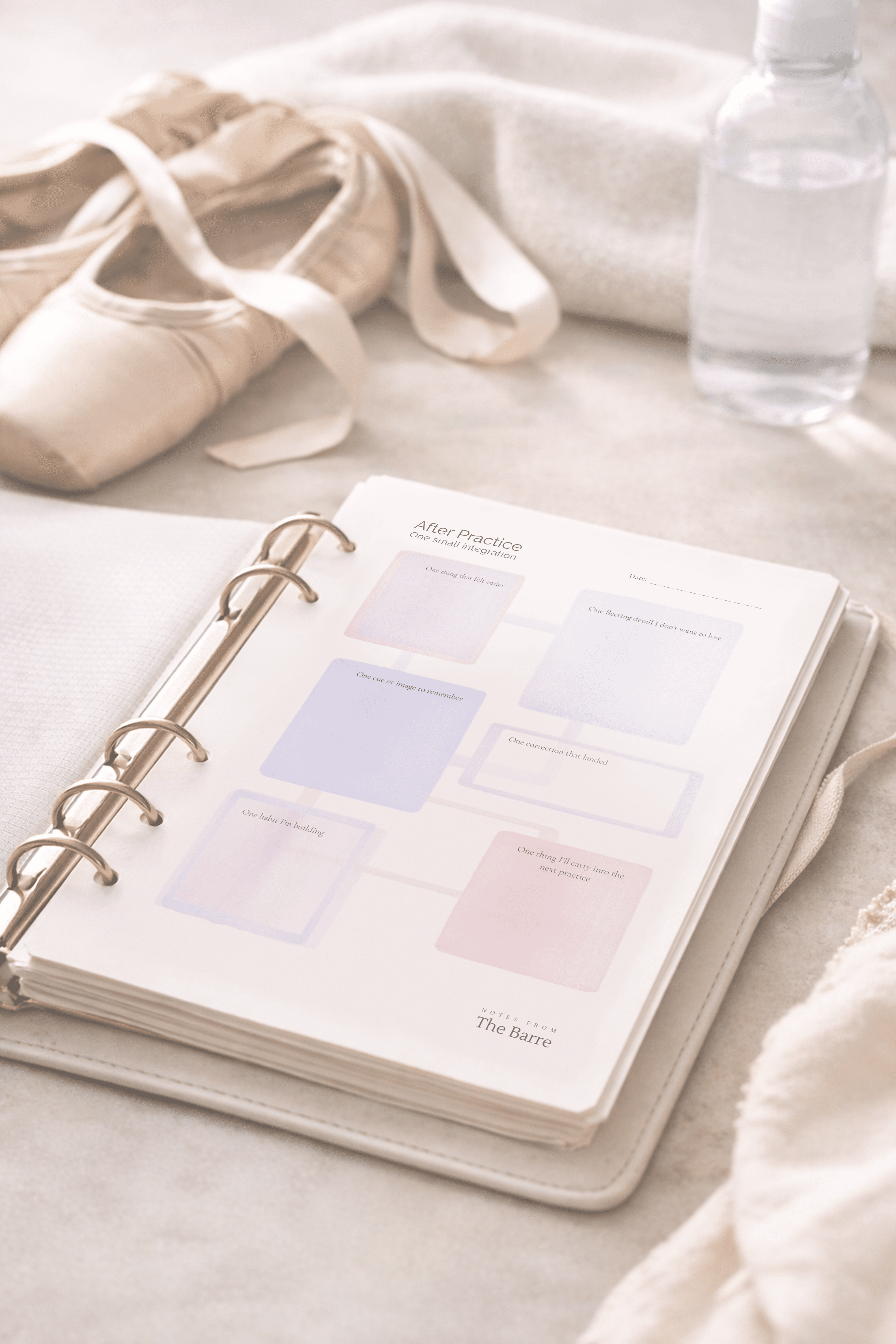 After Practice printable ballet reflection page shown in a binder next to pointe shoes and towel