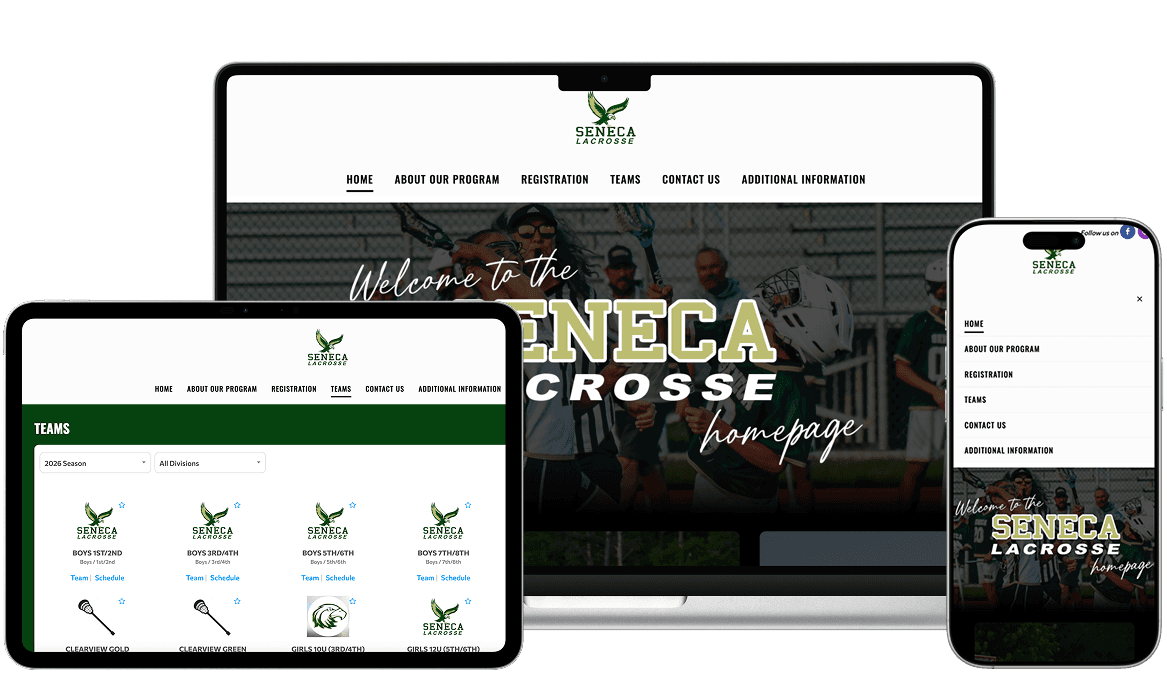 Seneca Lacrosse Website in Desktop, Mobile and Tablet size powered by TeamLinkt.