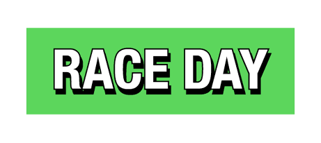 Sticker Julbo avec texte “RACE DAY” sur fond vert, typographie noire et blanche.