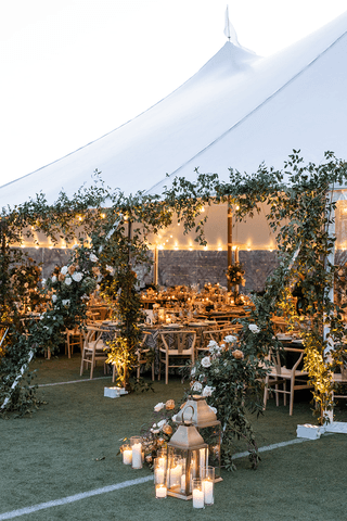 A bride and groom share a kiss surrounded by a joyful bridal party.