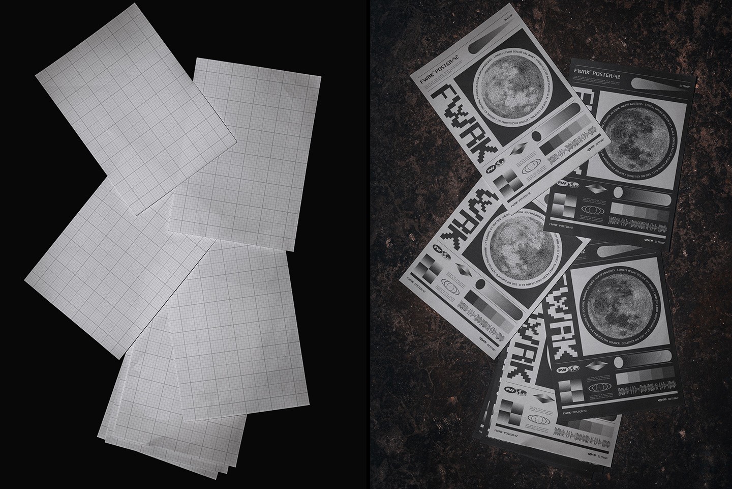 A5 flyer mockup on a gritty floor showcasing a lo-fi bitmap moon graphic and typography