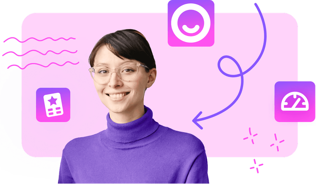 An arrow points to a smiling woman with Stylo app icons floating around her.