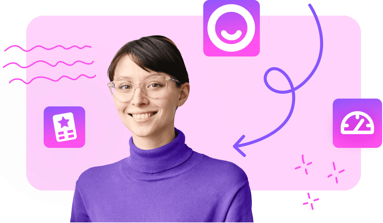 An arrow points to a smiling woman with Stylo app icons floating around her.