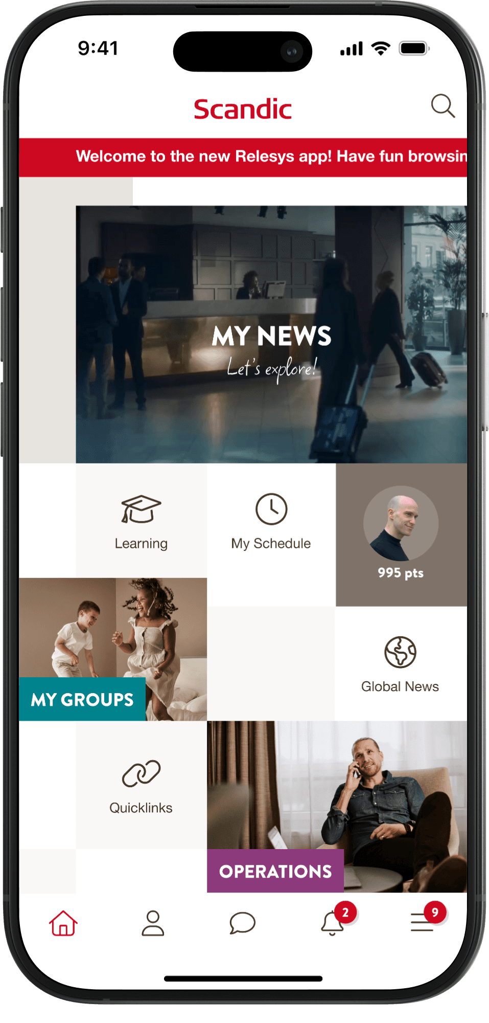 Mobile app interface showing the Scandic internal app prototype home screen with navigation, news updates, and employee features.