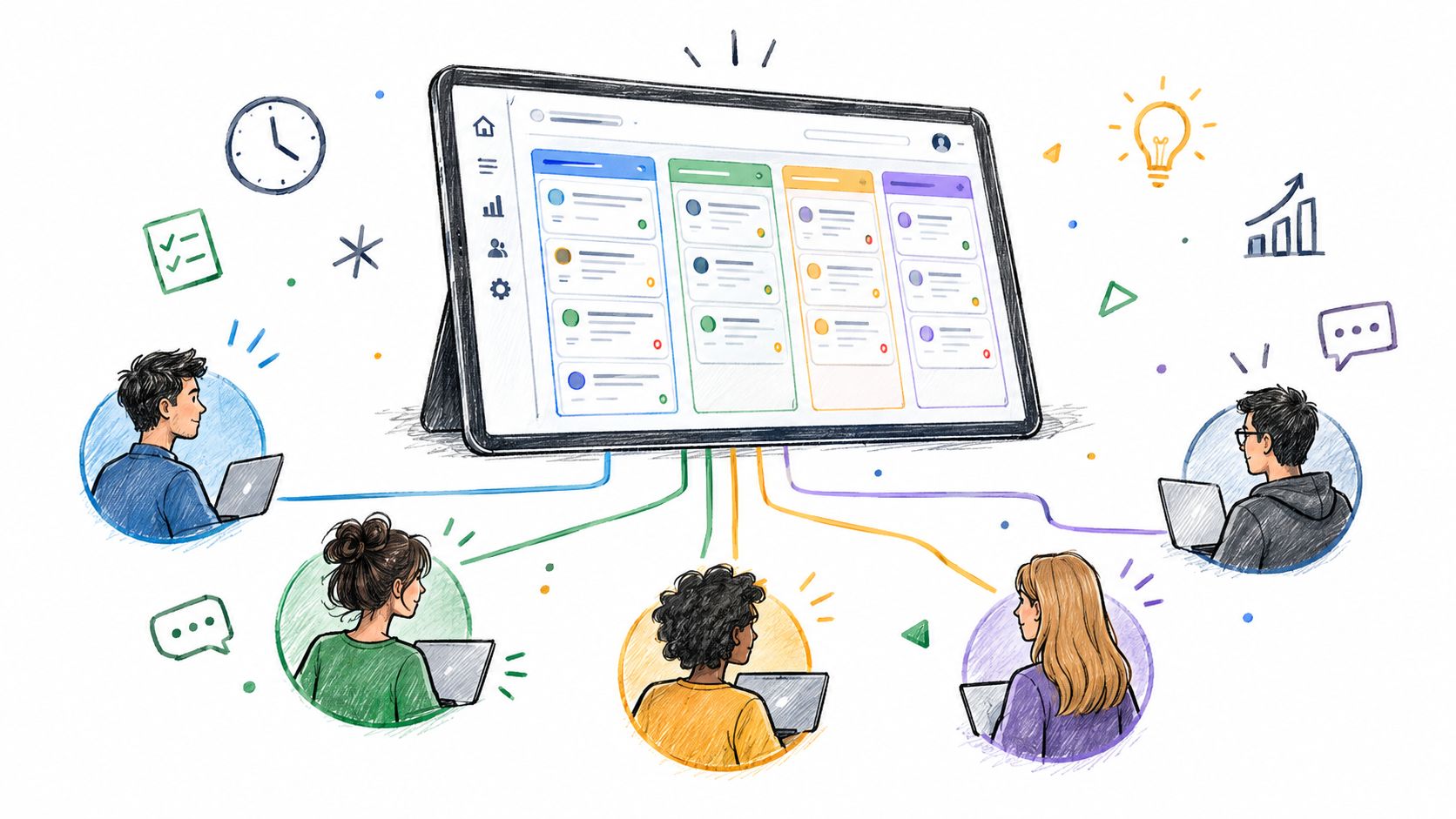 A hand-drawn illustration showing a diverse team working collaboratively on a shared digital project management dashboard.