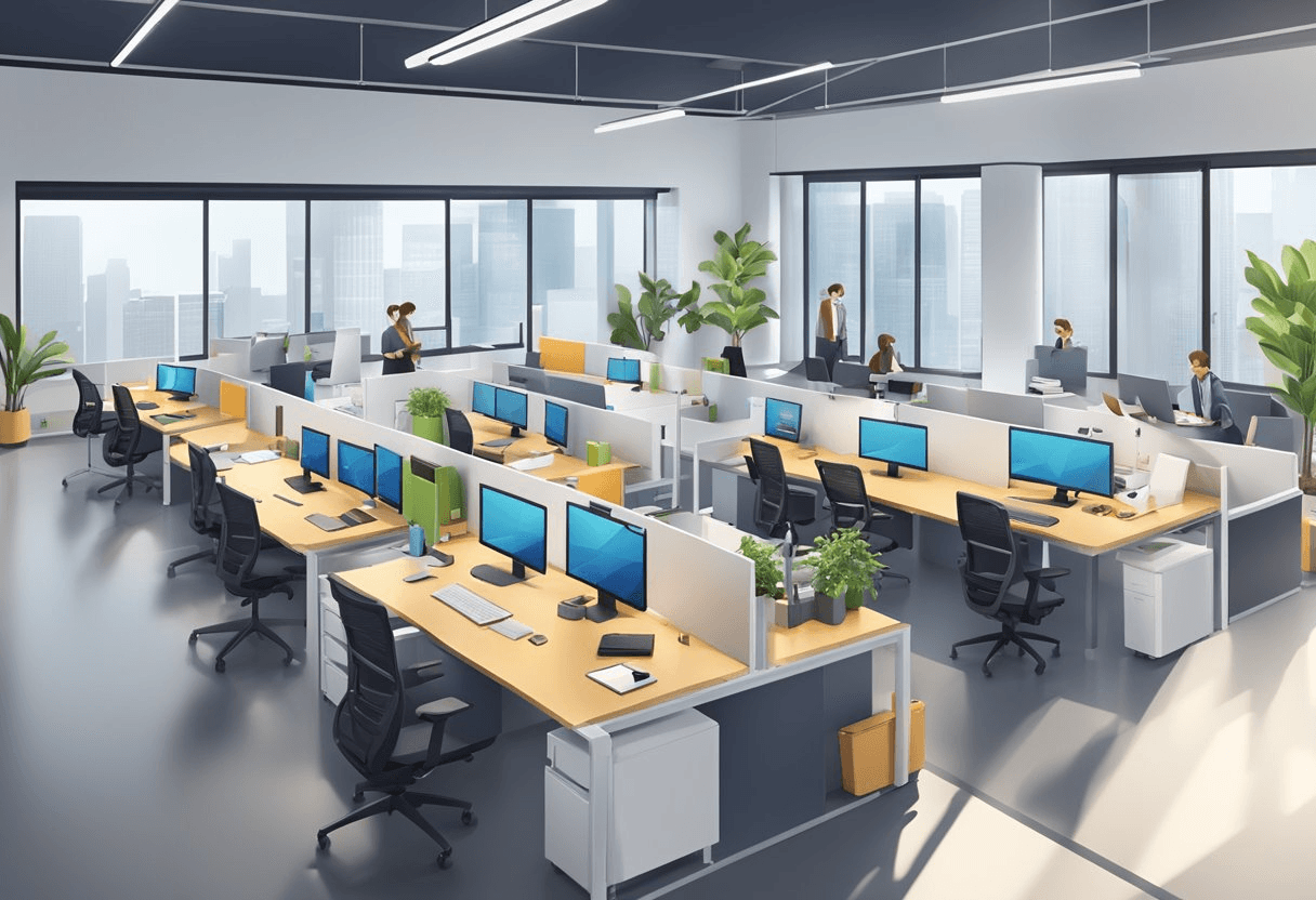 A bustling office with diverse workstations and collaborative spaces, showcasing modern technology and flexible furniture arrangements