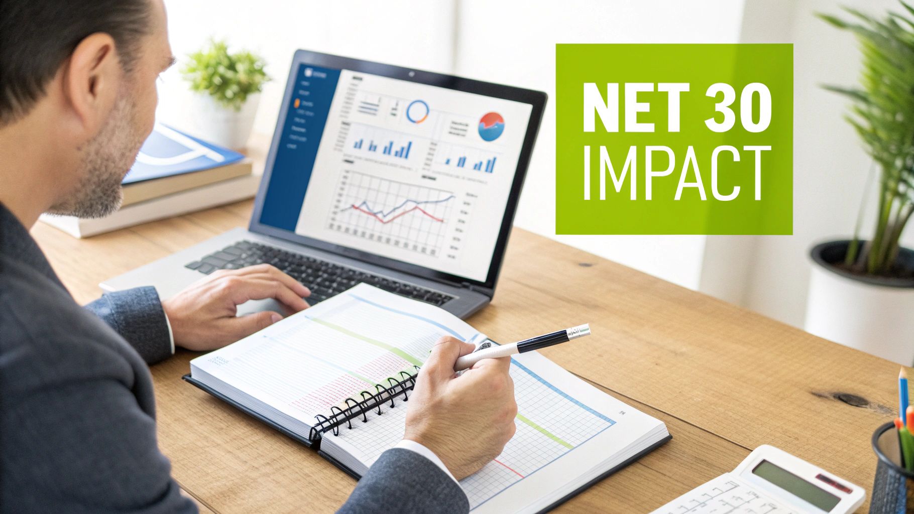Man analyzing financial data and charts on a laptop, writing notes in a planner with