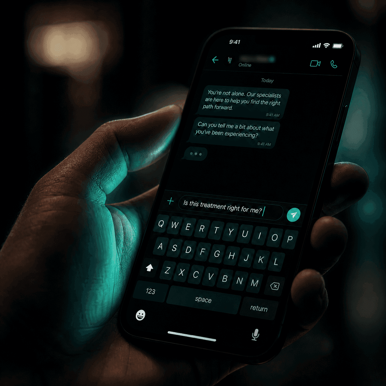 Vixilia strategic marketing insight showing a close-up of a mobile phone where a patient hesitates to send the message "Is this treatment right for me?", highlighting the psychological friction in clinic patient acquisition