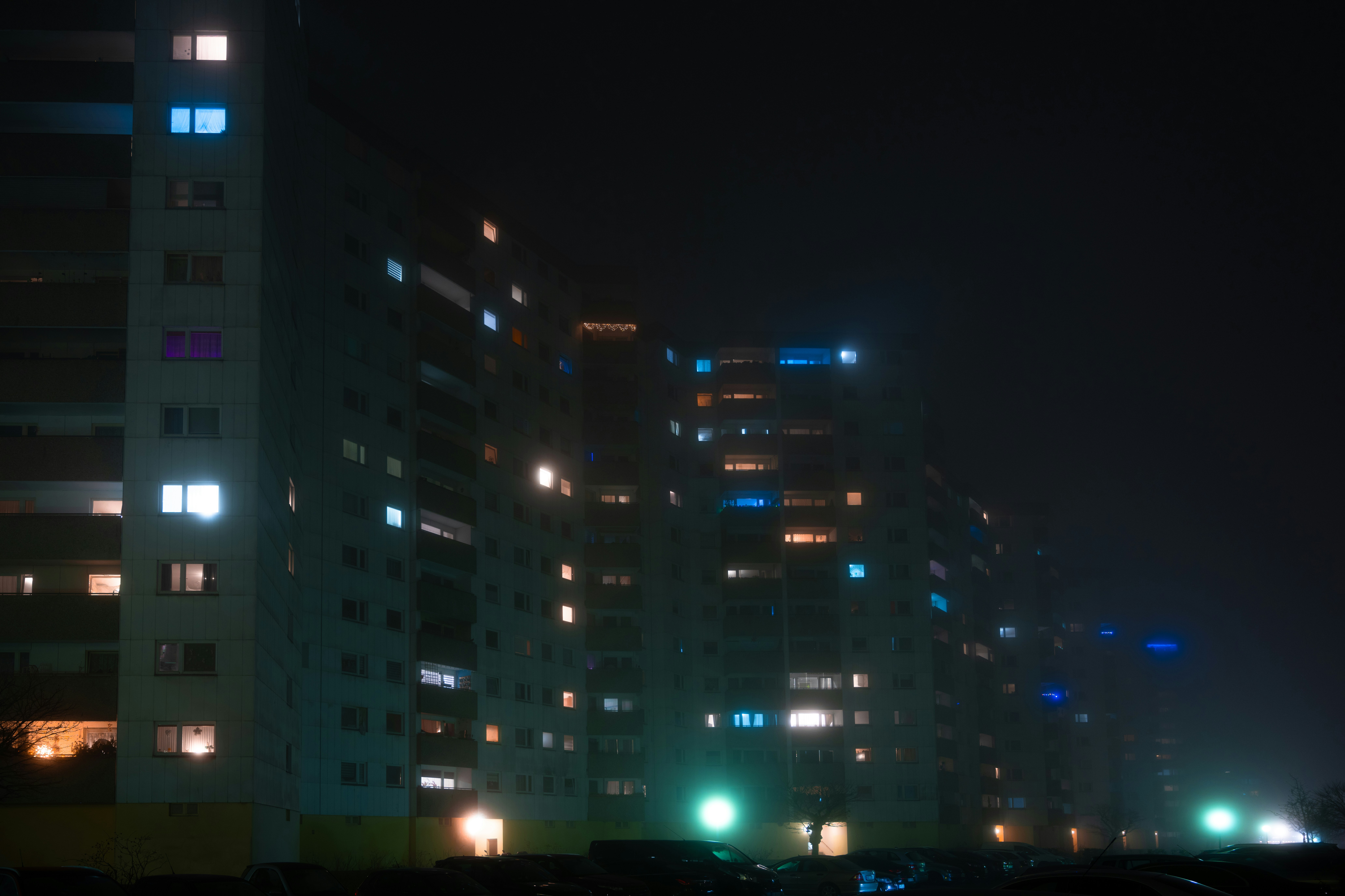 Illuminated apartment windows at night