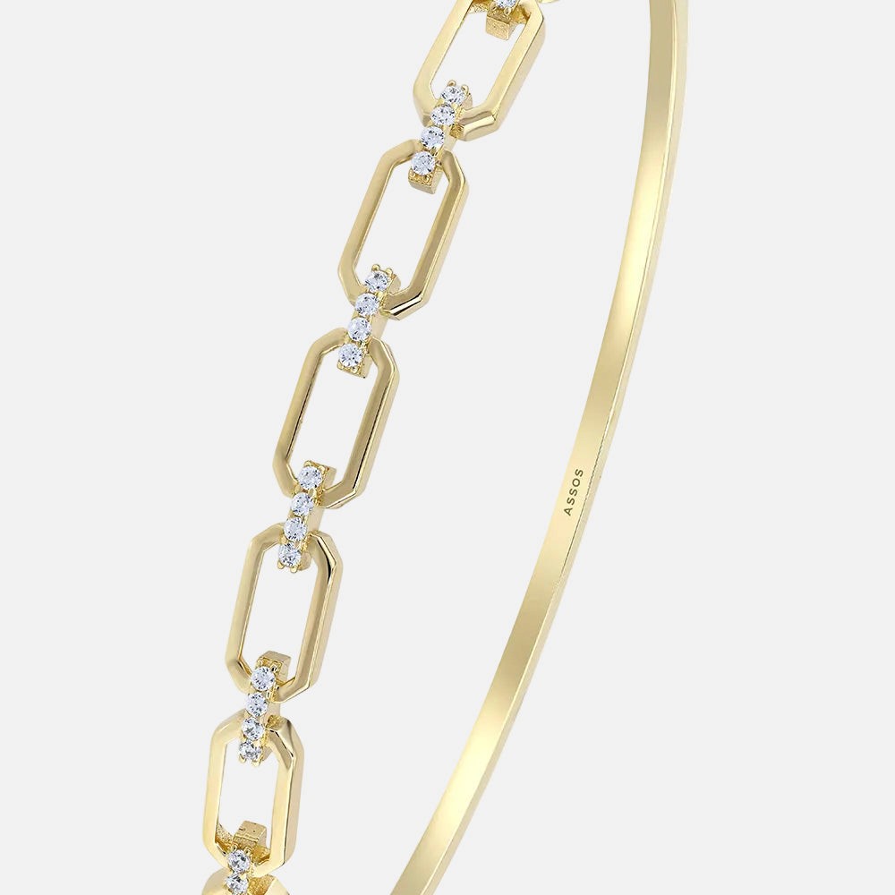 Assos 14 Ayar Sarı Altın Taşlı Zincir Desenli Kelepçe Bilezik