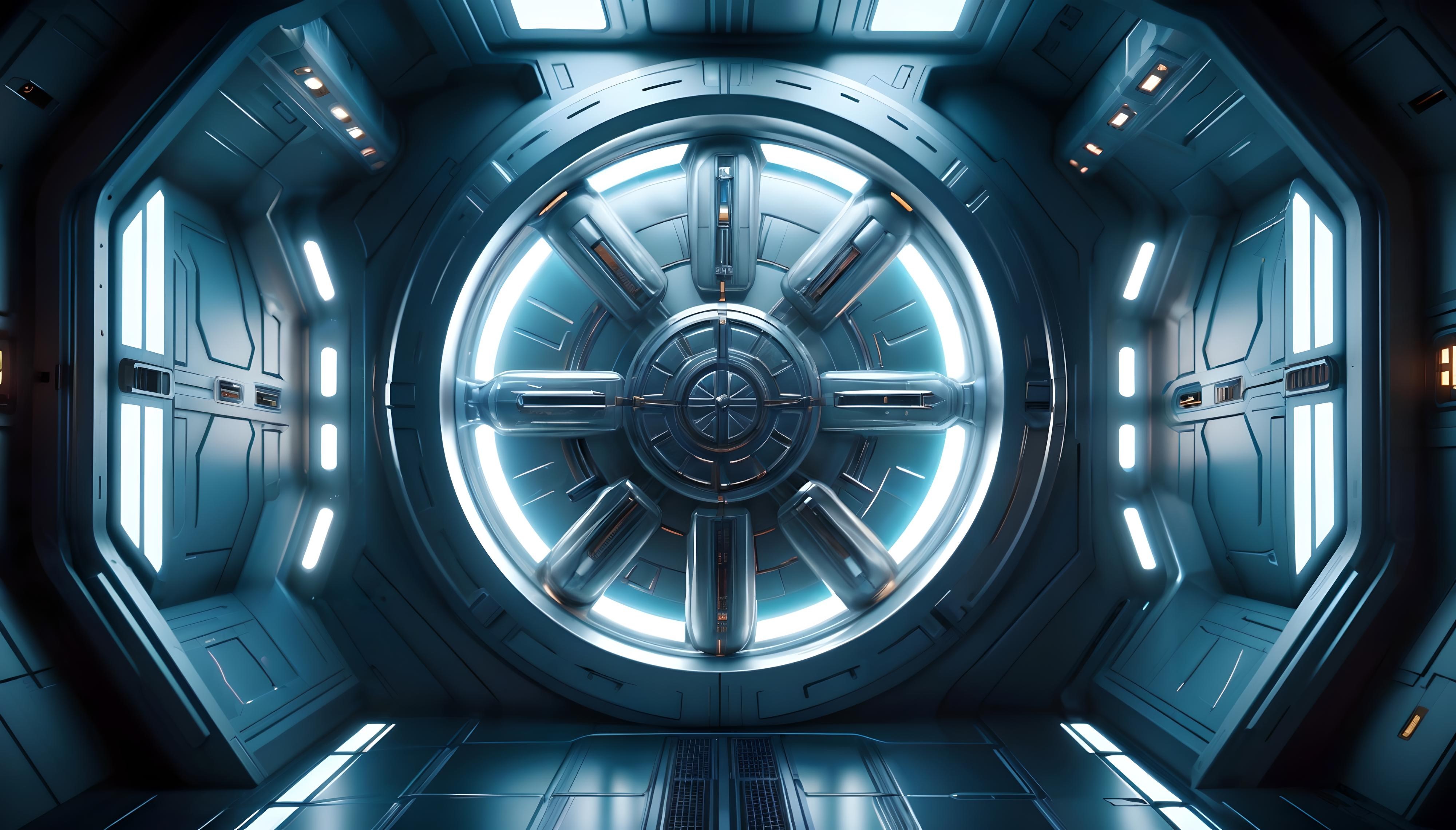 A circular airlock access hatch on a futuristic spaceship