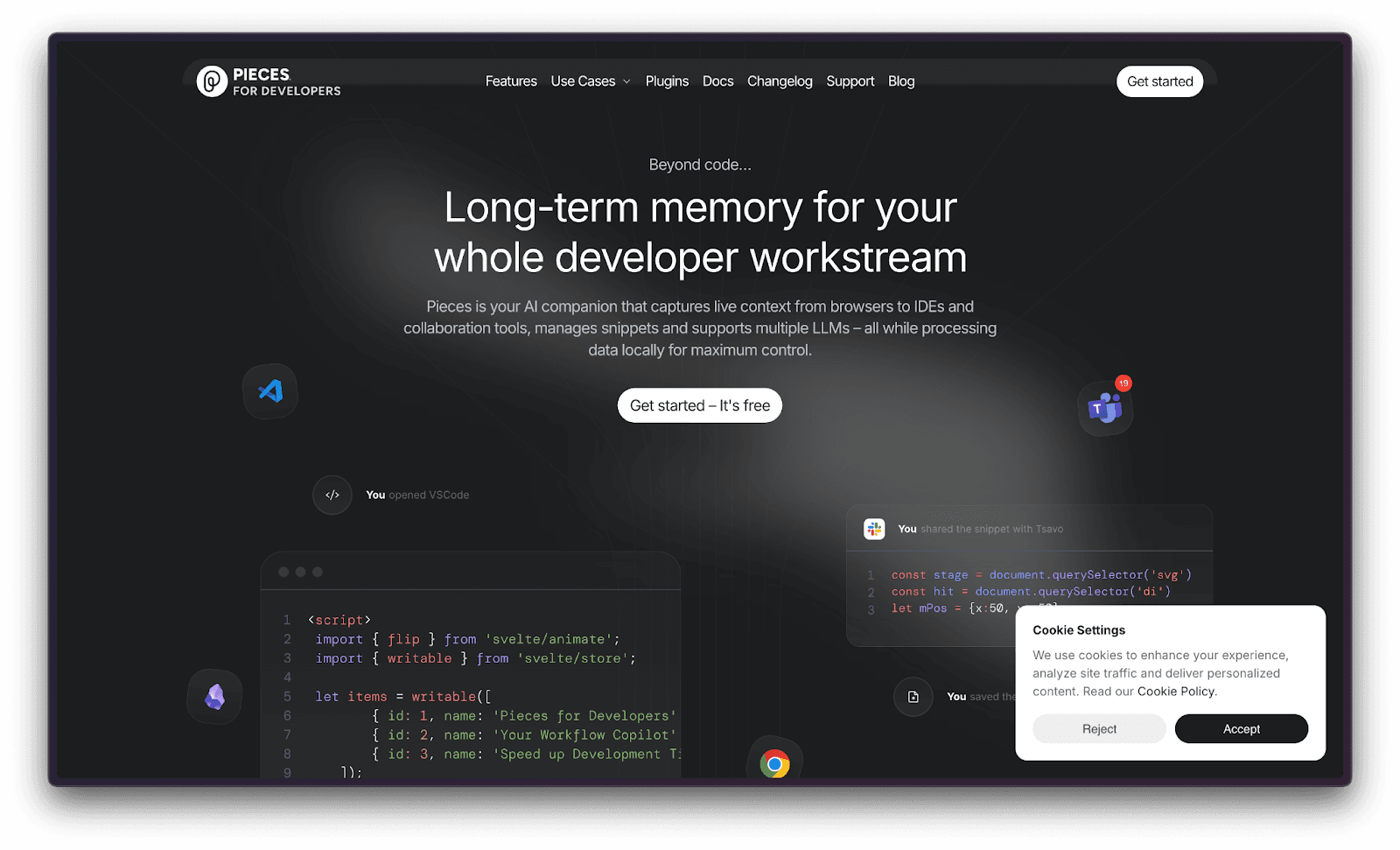 Website of Pieces Long term memory AI copilot