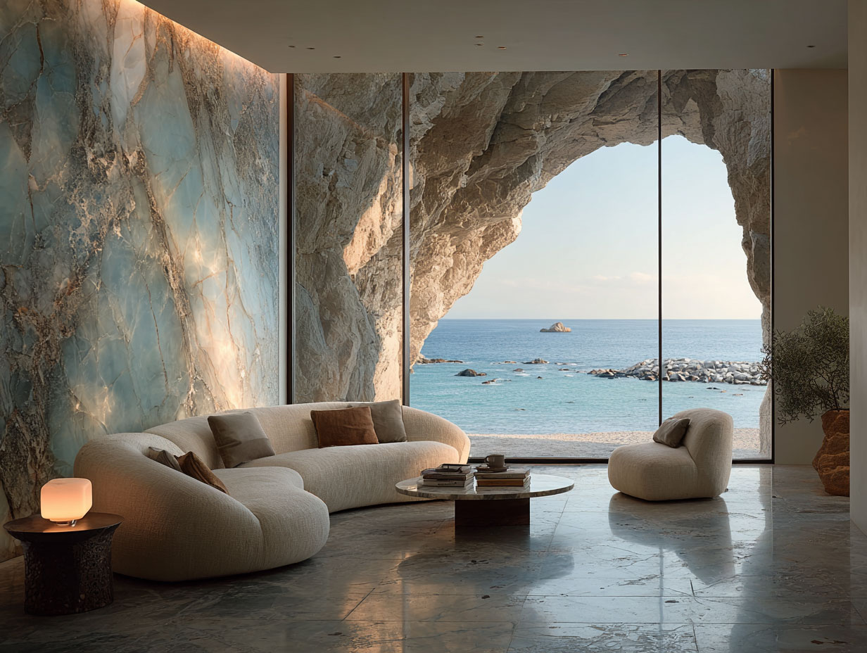 Ein modernes Wohnzimmer mit geschwungenen cremefarbenen Sofas, einem Marmor-Couchtisch und großen Glasfenstern, die den Blick auf einen Felsbogen freigeben, der zu einem ruhigen Strand und Meerblick führt. Sonnenlicht taucht den Marmorboden in diesem atemberaubenden 3D-CGI-Rendering eines weichen, eleganten Interieurs in sanftes Licht.