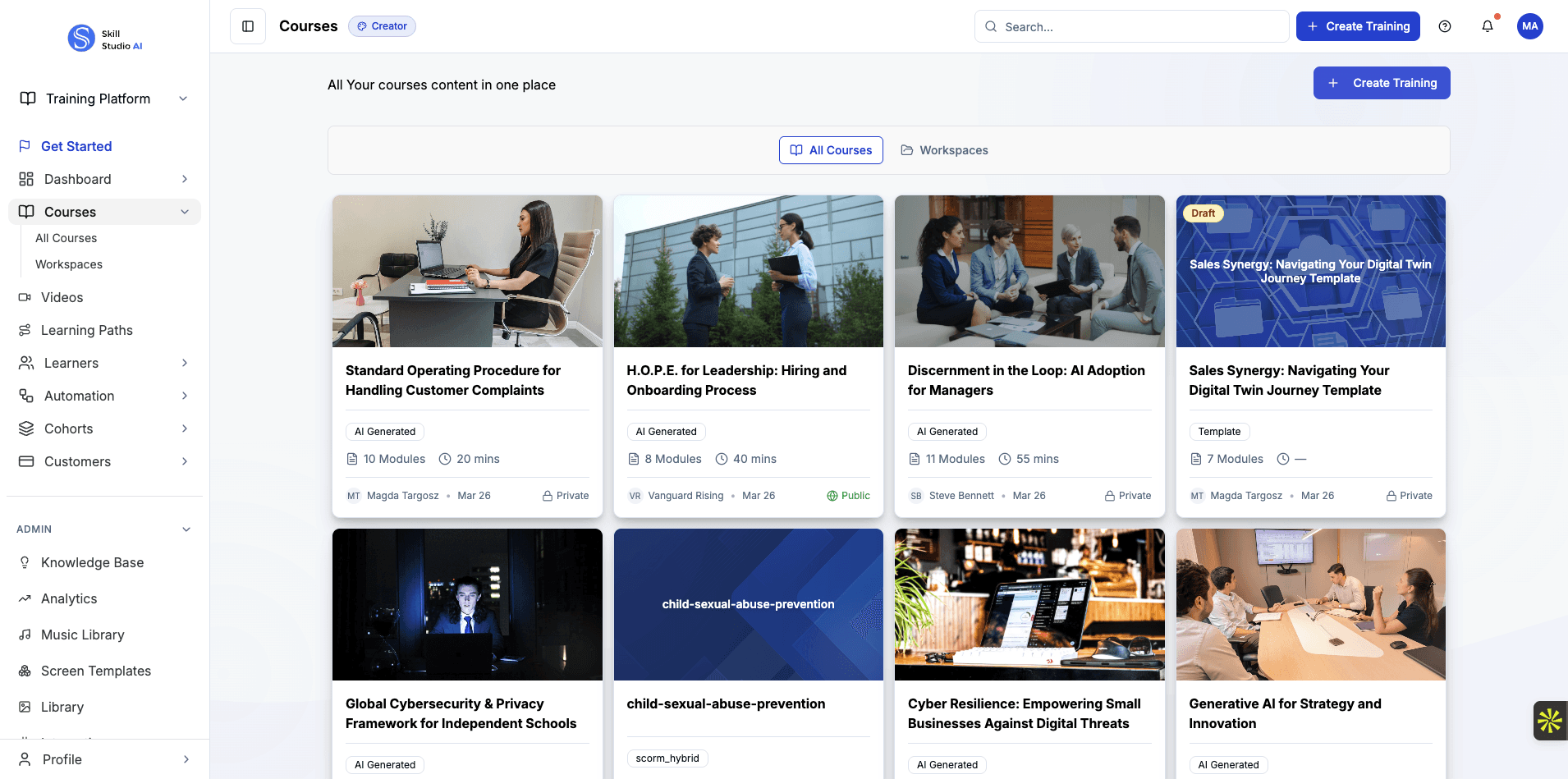 Click Create Training to begin building a new course.
