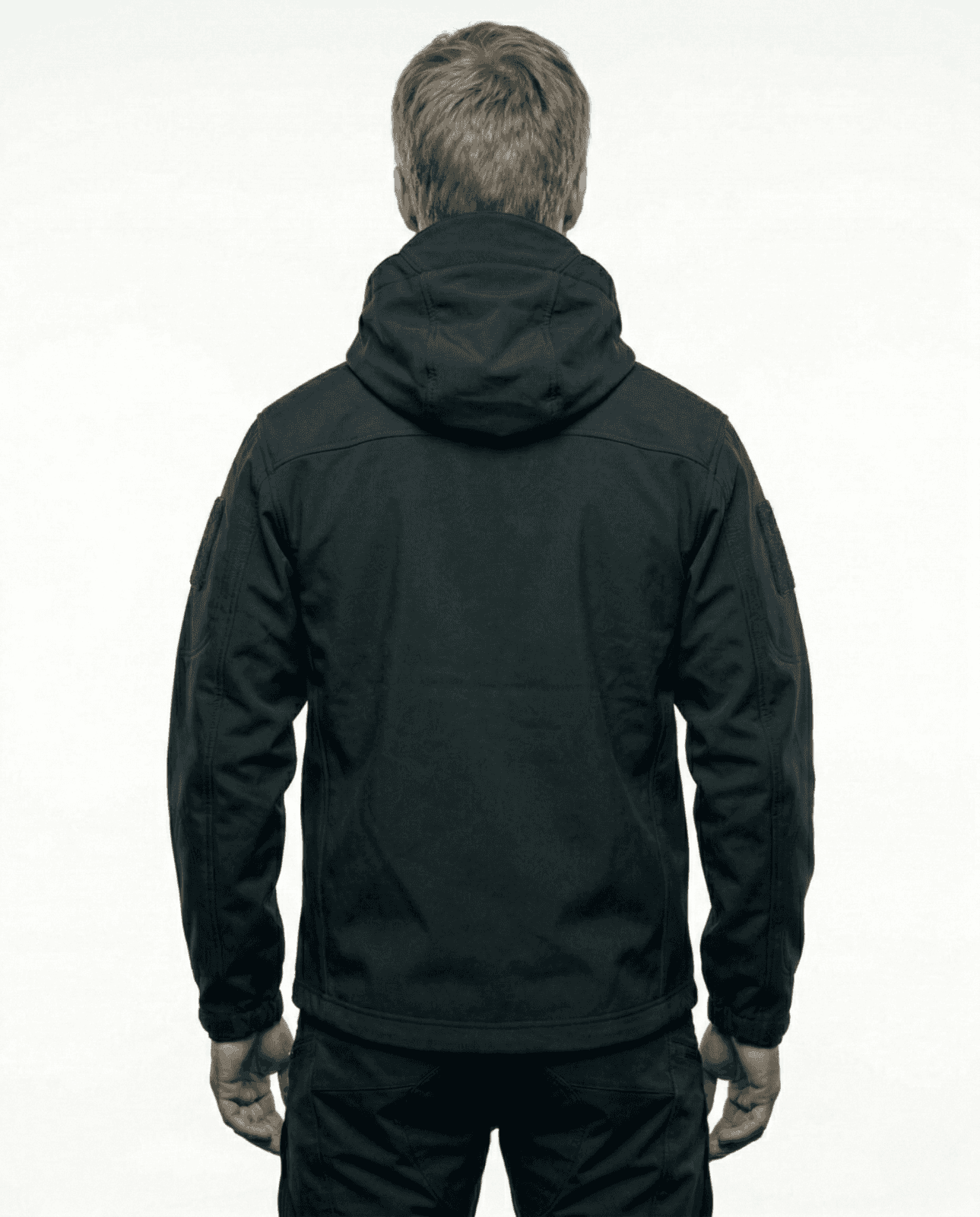 Model wearing Tactrix T1 softshell jacket back view