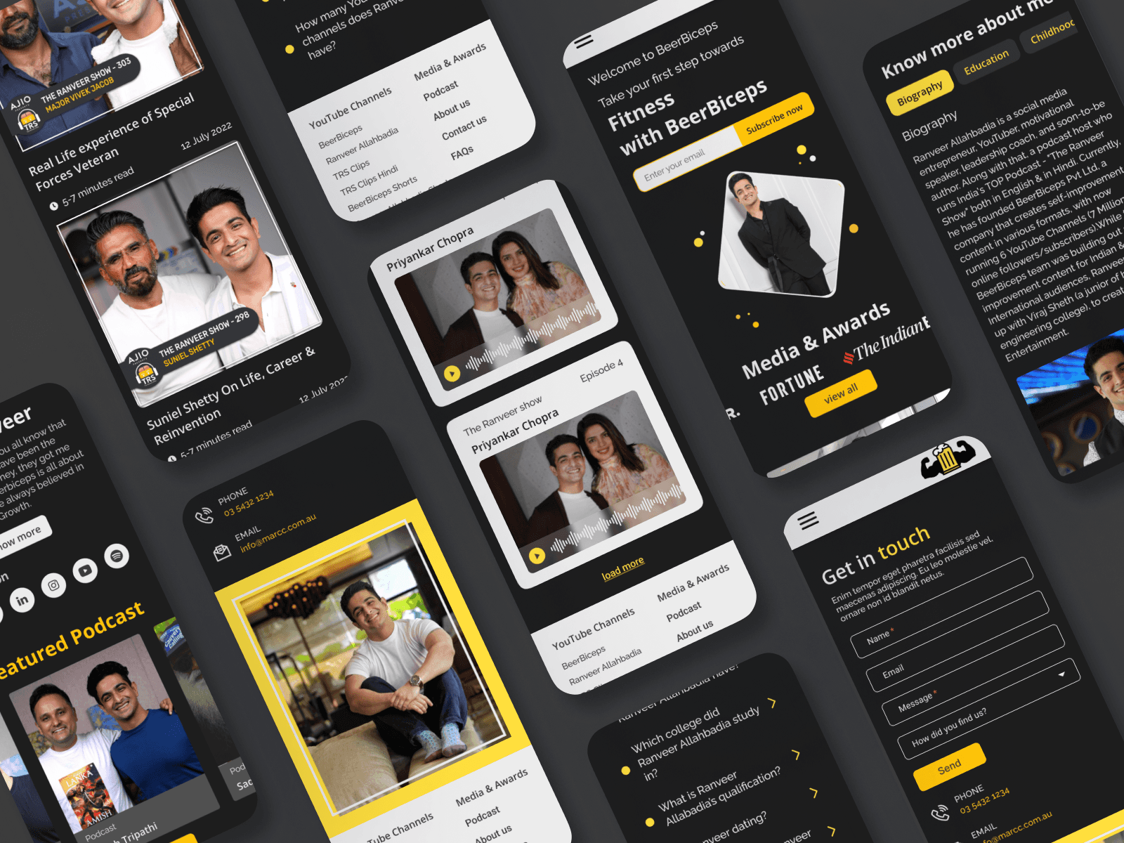 Collection of mockups of various pages of the website for Mobile