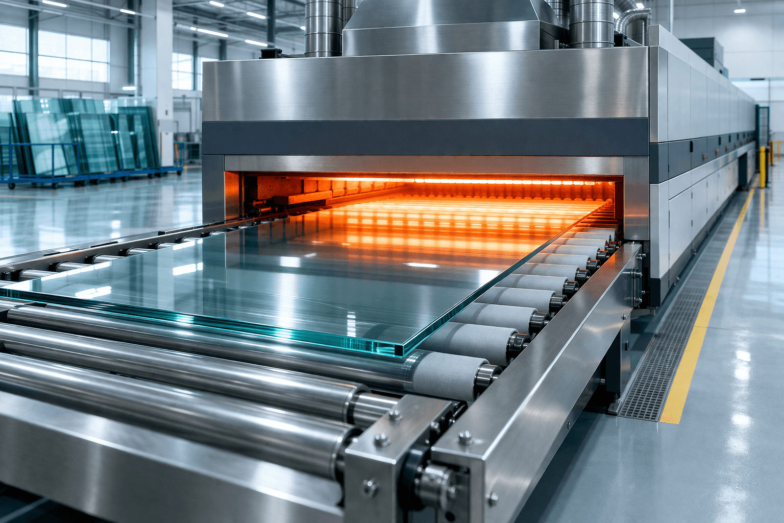 Spacious modern office with large windows, indoor plants, and people working at shared desks.