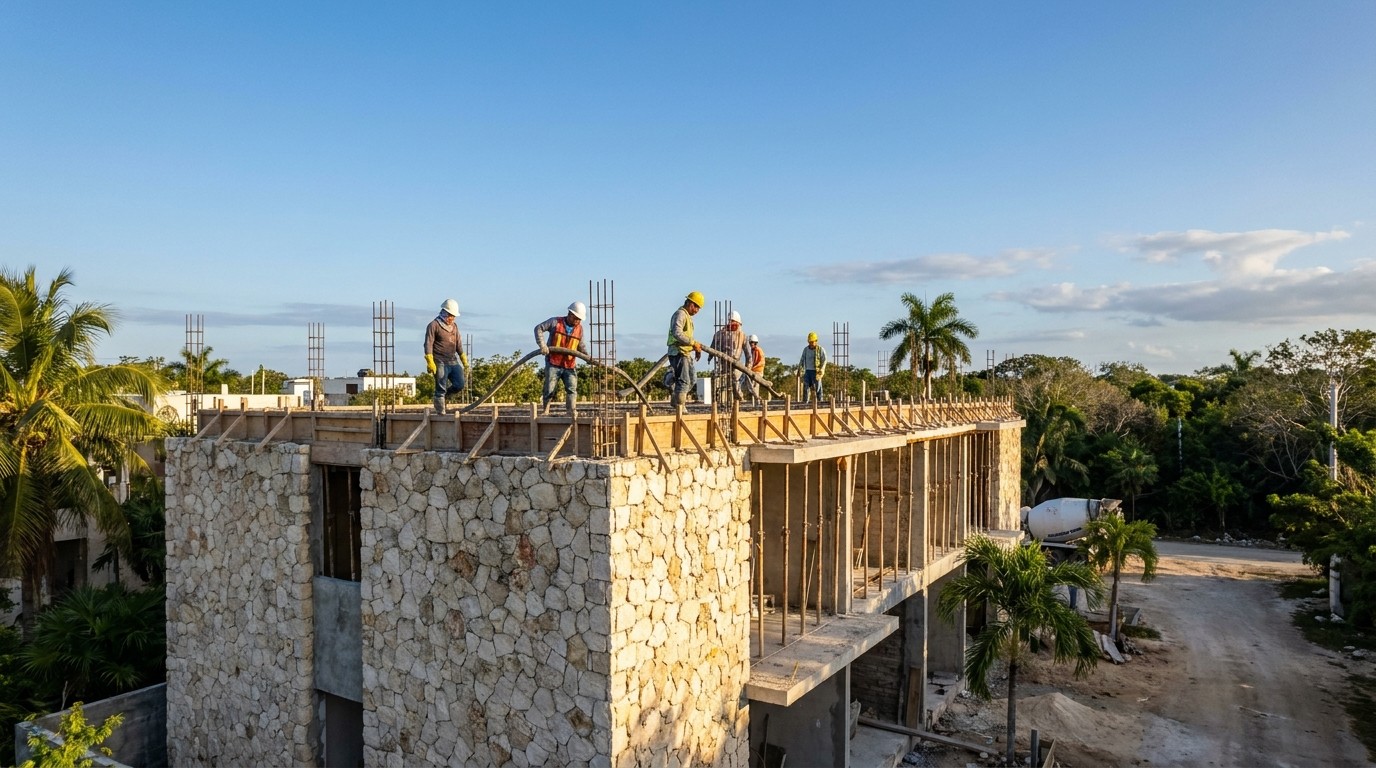 Obra residencial en Mérida, Yucatán: estructura de concreto y mampostería regional en etapa de construcción