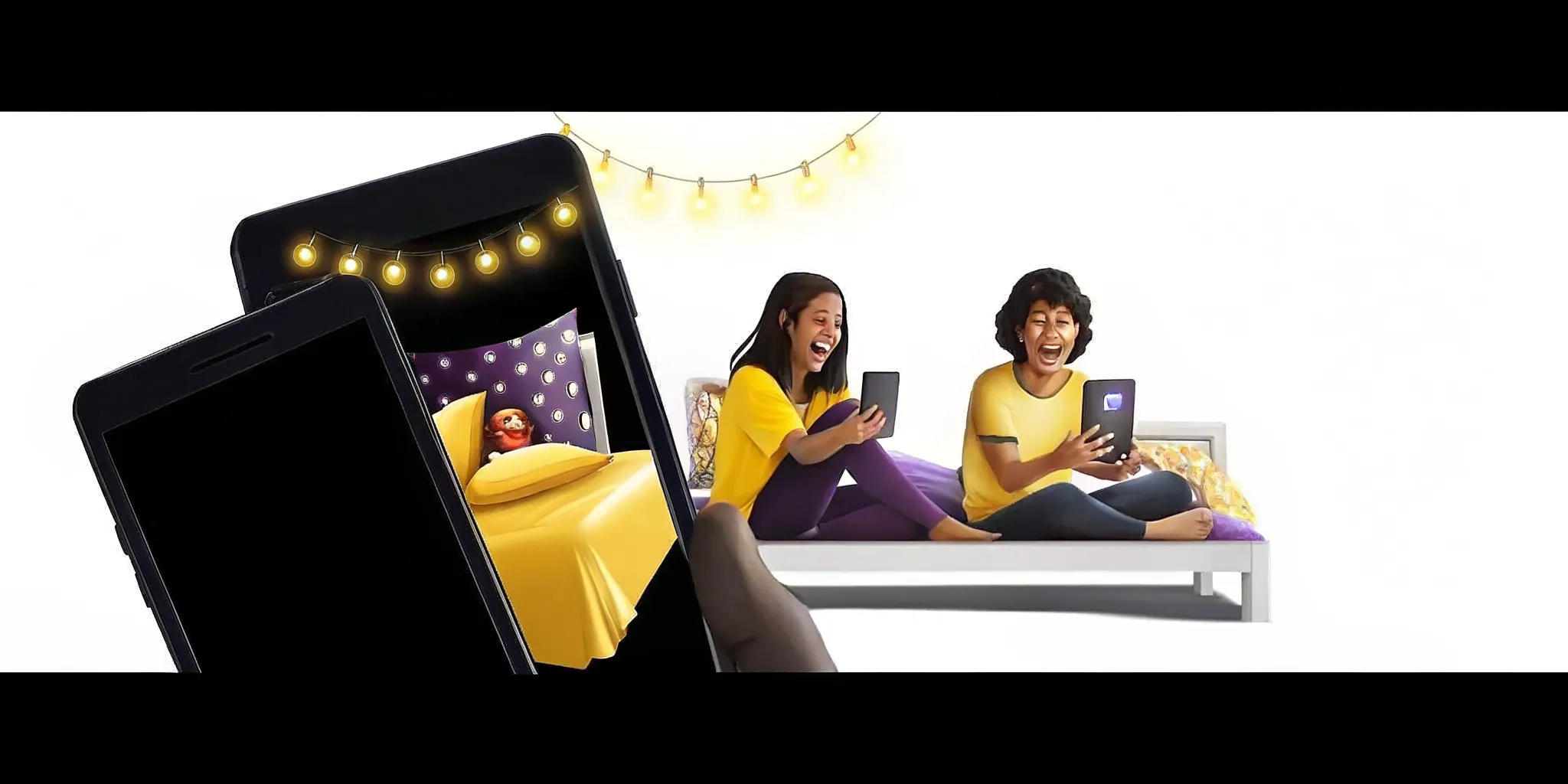 Two friends laughing while one sees an animated character on a phone screen