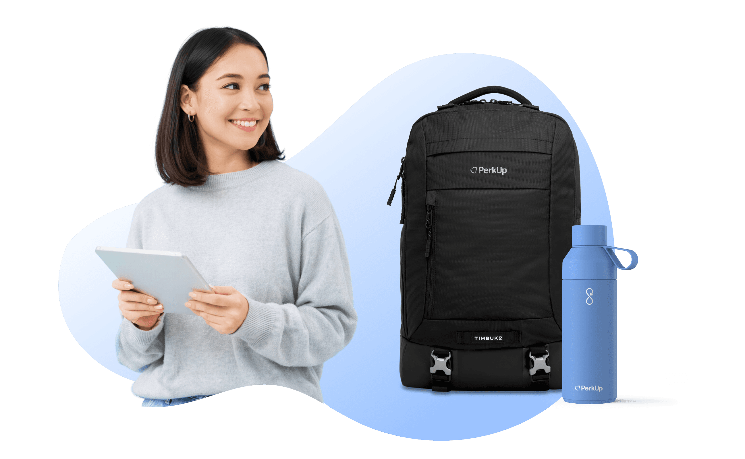 A woman holding a tablet; on her side, there's a backpack and a tumbler.