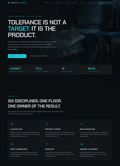 Precision engineering website template preview with capability matrix
