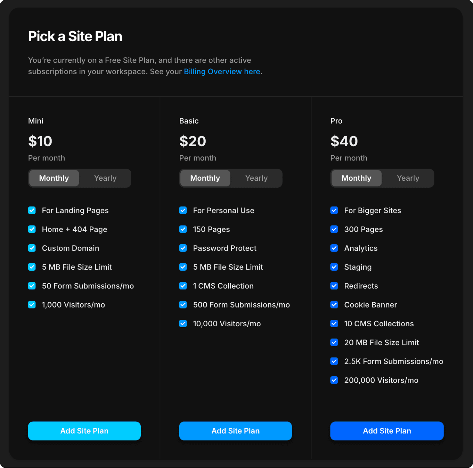 Options for selecting a plan for upgrading a Framer website