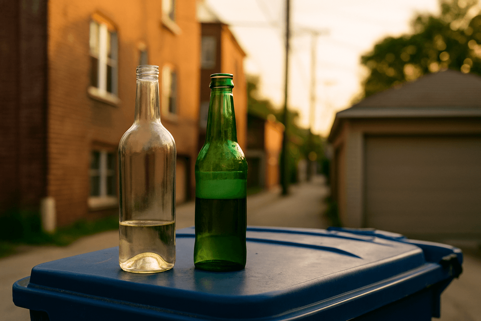 Glass bottles next to Chicago blue recycling cart in residential alley