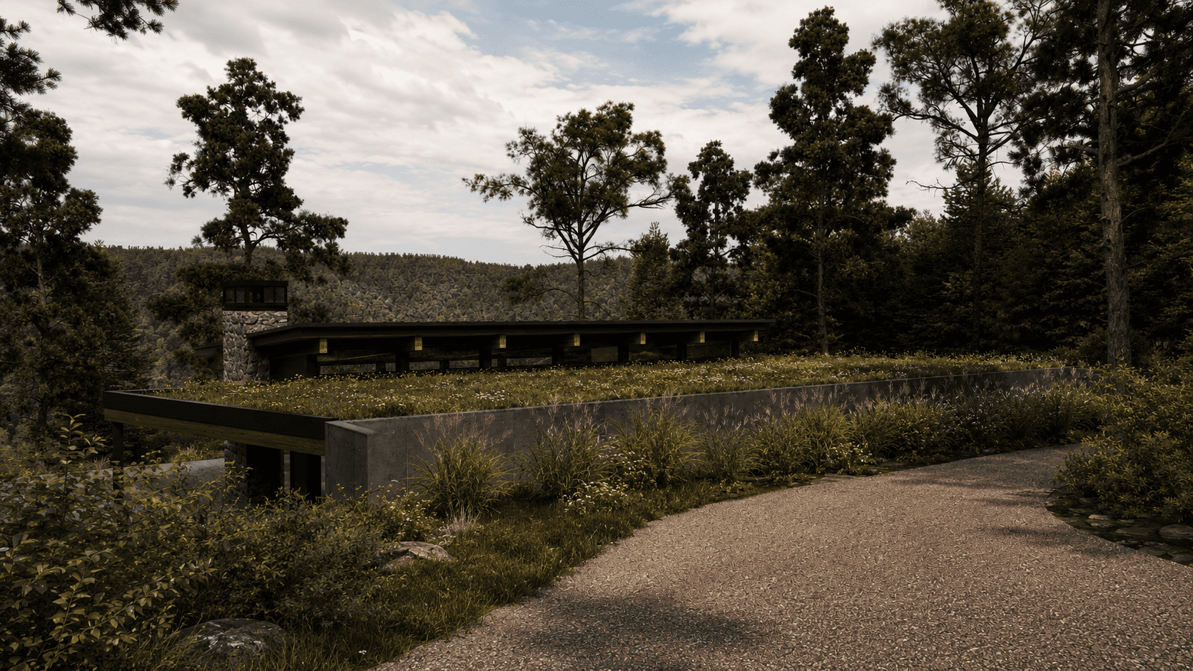 mid-century modern custom home built-into a hill. Clerestory windows barely visble from road.