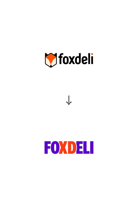 Foxdeli logo redesign by SLOWRAT — the previous fox-and-box mark replaced with a bold purple wordmark highlighting the hidden XD emoticon