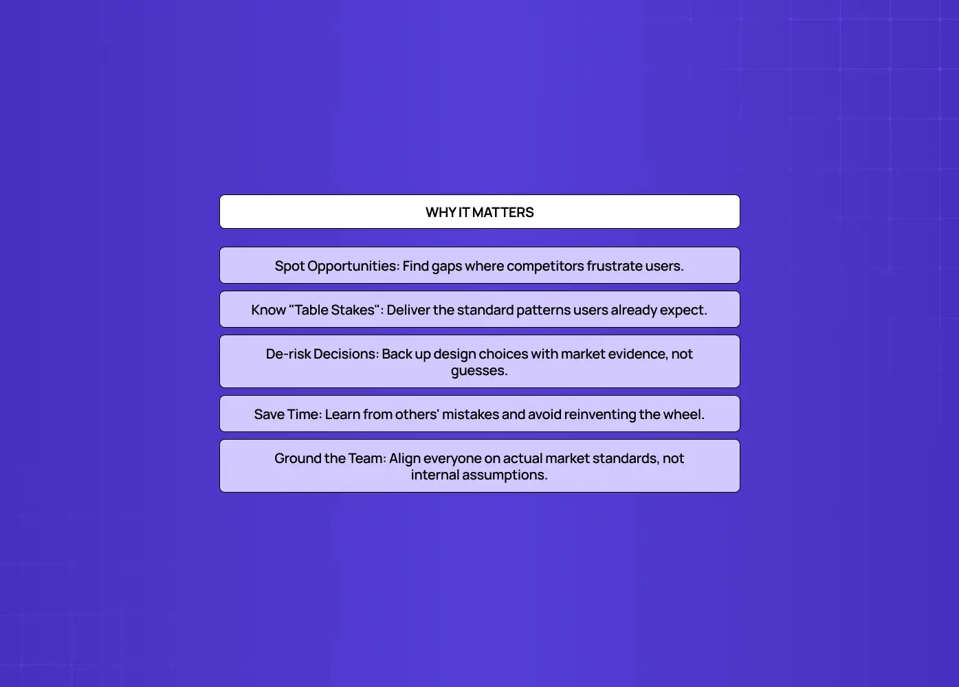 Summary highlighting benefits such as finding opportunities, reducing risk, aligning teams, and learning from competitors.