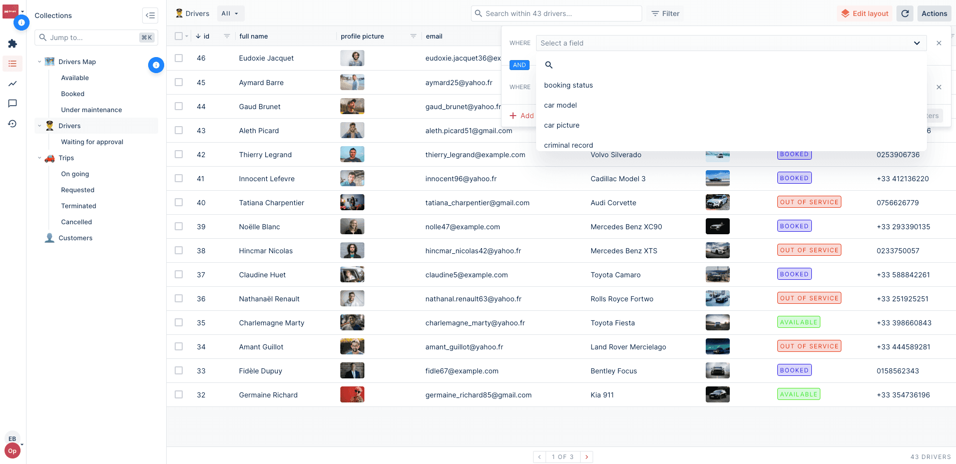 The Forest Admin filter dialog in a collection view.