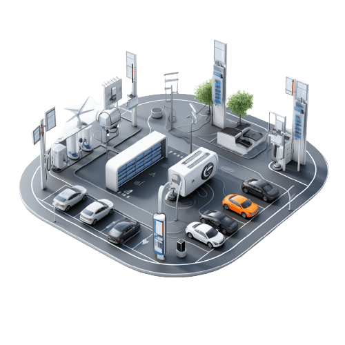 EV chargers, electric vehicles, and electric trucks in the style of hyper-realistic atmosphere.